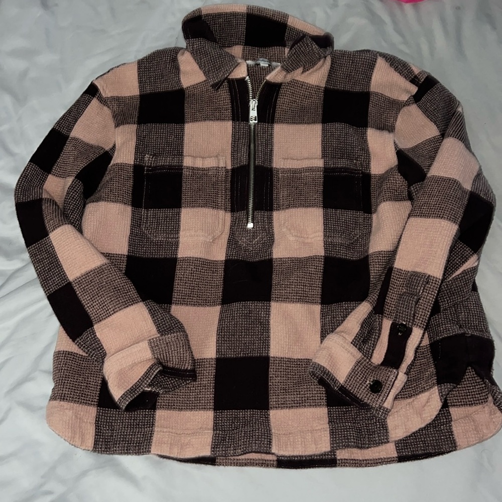 Light pink and Brown half zip.
